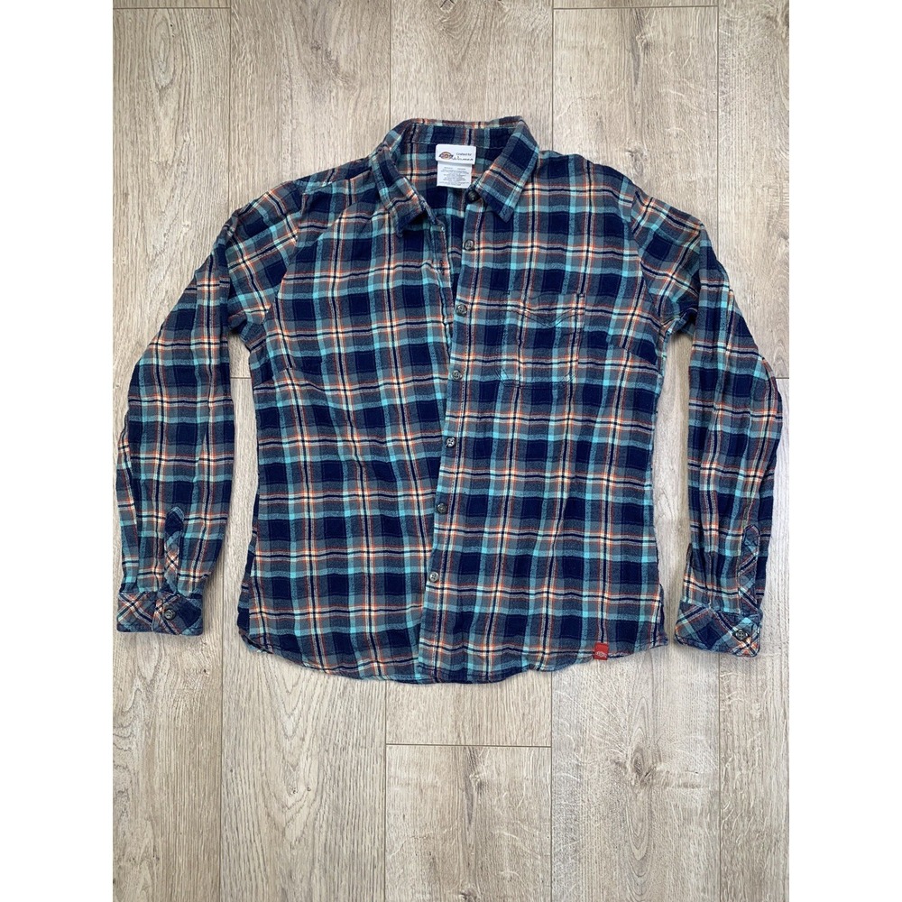 Dickies Plaid Quilted Flannel Shirt Women MD Button Down Blue Orange Long Sleeve